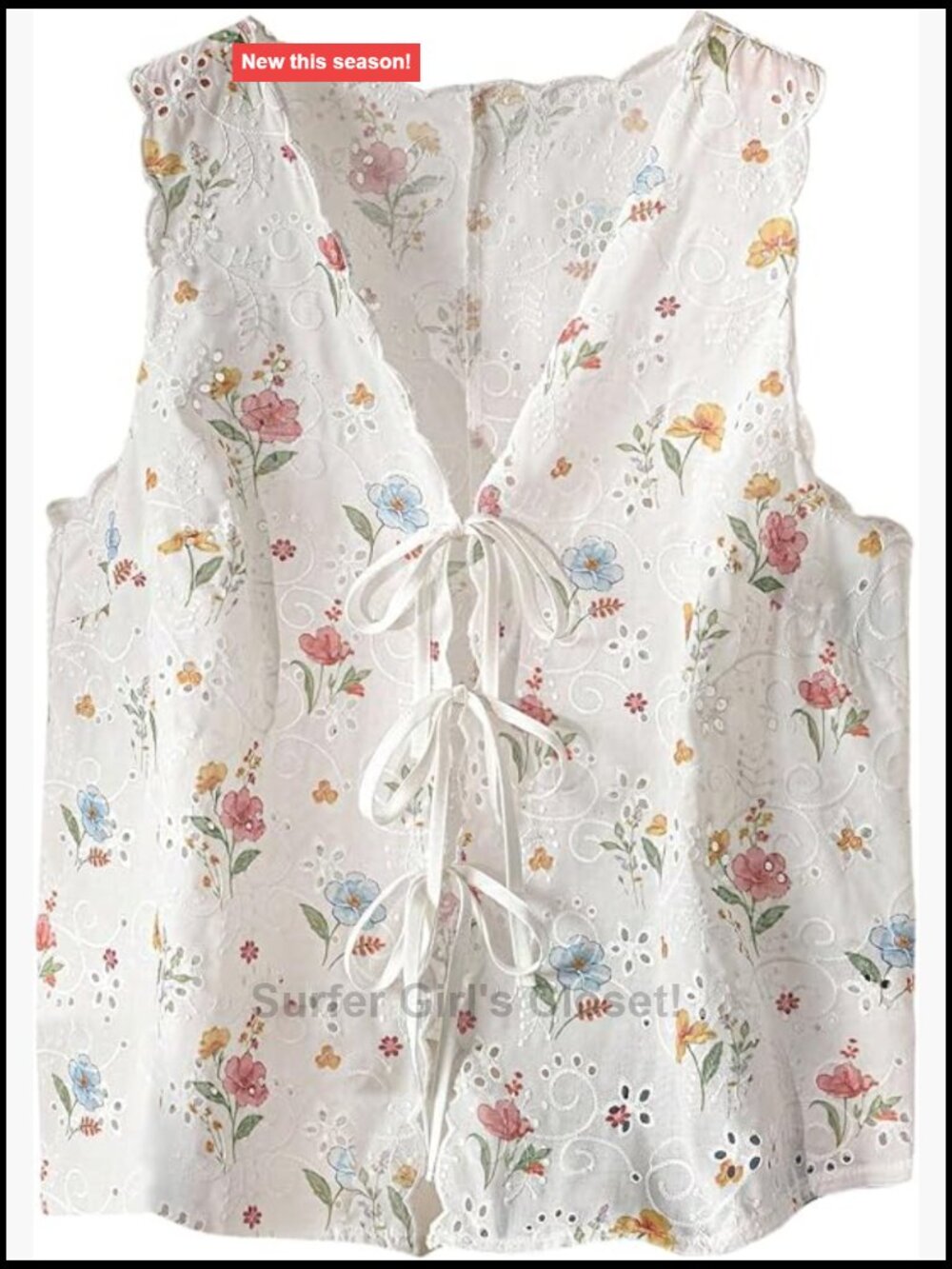 Plus Size Floral Tie Front Tank Top Eyelet Embroidered V Neck Sleeveless Top